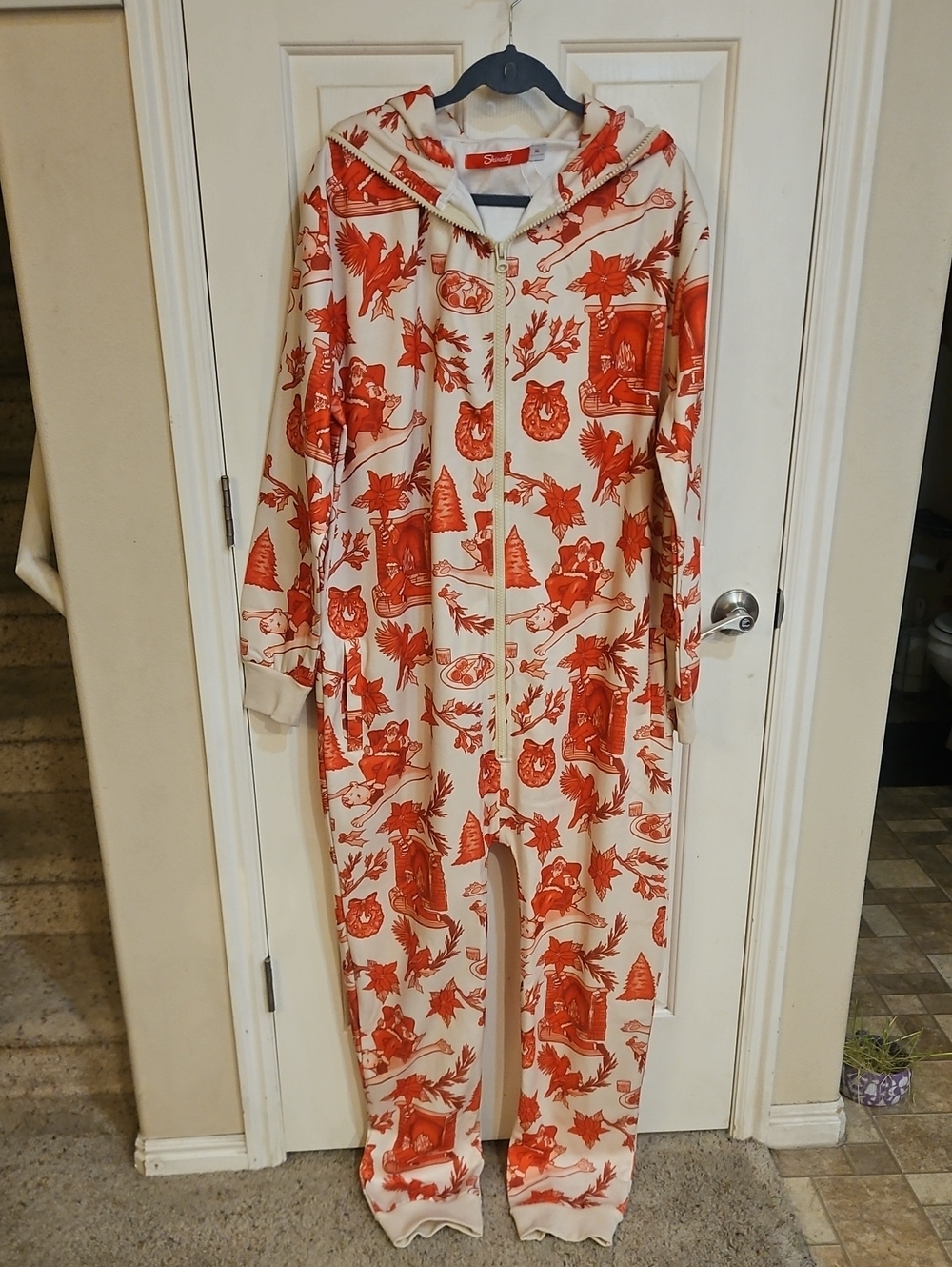 Red and Cream Hooded One-Piece Christmas Pajama